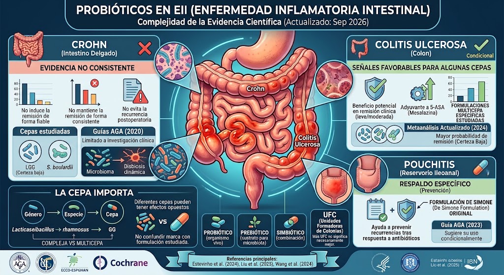 Infografía médica detallada sobre la eficacia de los Probióticos para EII (Enfermedad Inflamatoria Intestinal). El esquema visualiza el sistema digestivo y divide la evidencia científica en tres bloques: enfermedad de Crohn con indicativos de falta de evidencia consistente; colitis ulcerosa mostrando señales favorables para el uso de adyuvantes; y pouchitis con respaldo específico para la prevención de recurrencias. Incluye diagramas que explican la importancia de diferenciar género, especie y cepa, alejándose del marketing de las cantidades masivas de UFC.